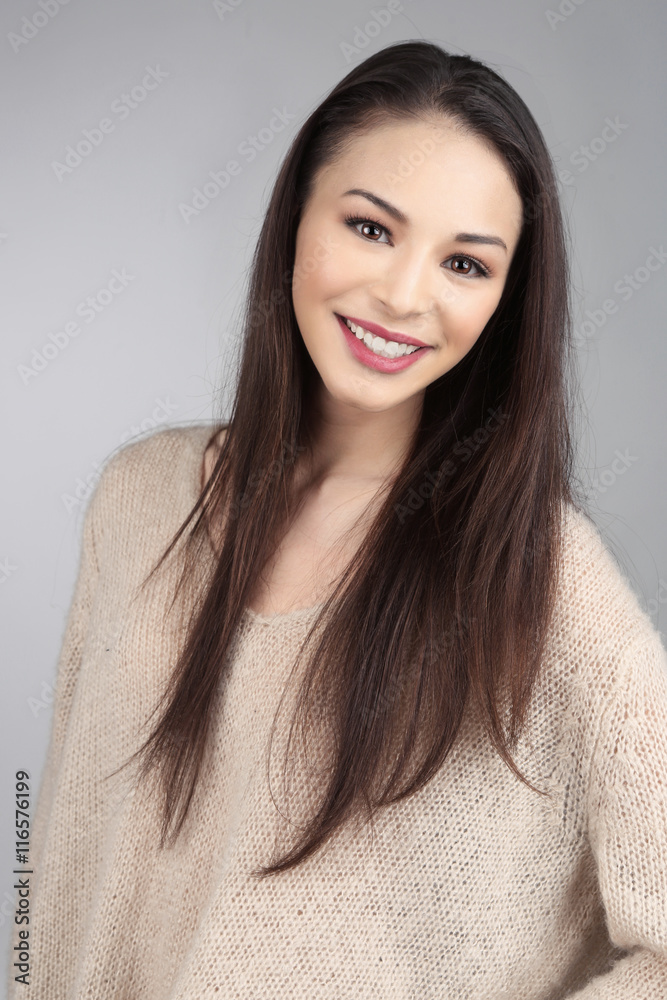 Brunette Asian Model on Grey Background Brunette Asian Model on Grey Background