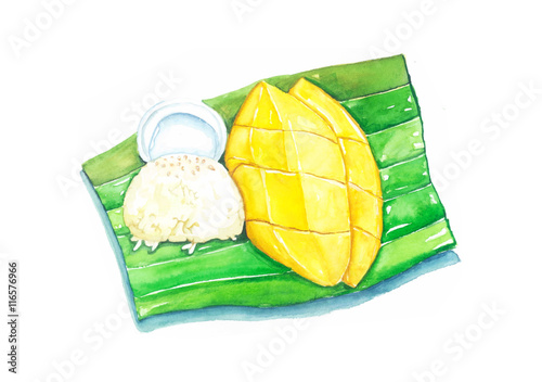 Mango Sticky Rice, Thai Dessert, watercolor painting isolated on white background