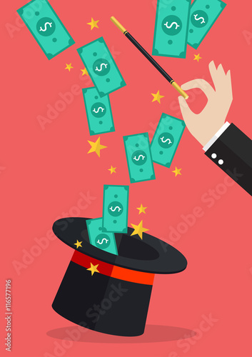 Business hand with money flying out of the magic hat