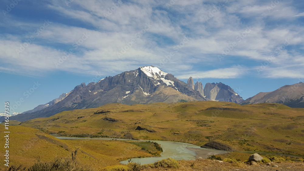 Grass field and mountain at Torres del Paine National Park