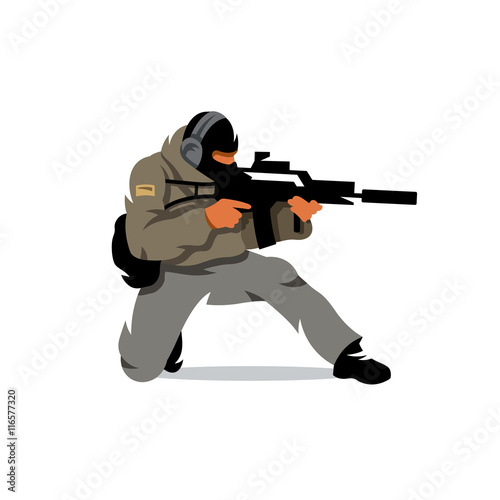 Vector Tactical shooting warrior Cartoon Illustration.