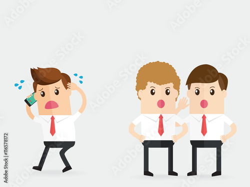 business people gossiping behind stressed businessman who calling by cell phone