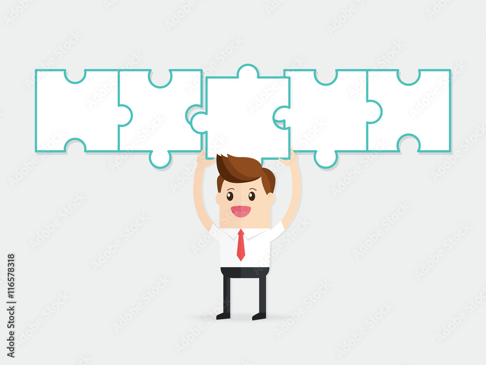 businessman putting empty jigsaw puzzle on the wall businessman putting empty jigsaw puzzle on the wall