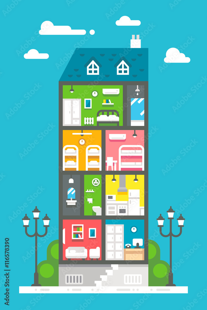 Flat design hostel interior Flat design hostel interior
