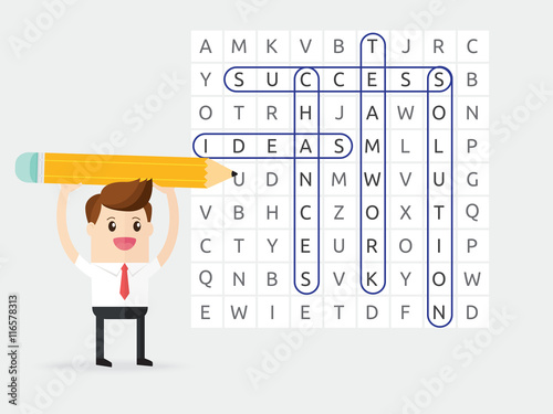 businessman playing word search puzzle and found teamwork, ideas, solution, chances and success