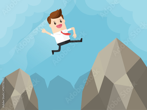businessman overcome fears jump over gap of big mountain