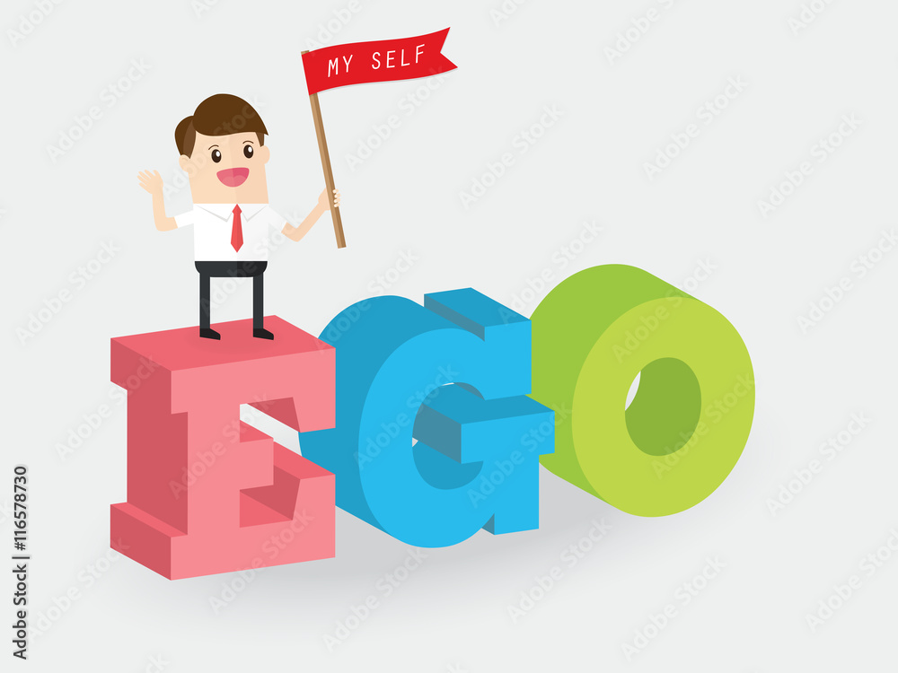 businessman standing on ego and holding flag with word my self businessman standing on ego and holding flag with word my self