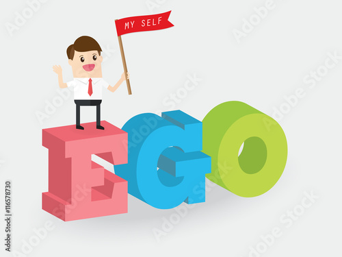 businessman standing on ego and holding flag with word my self
