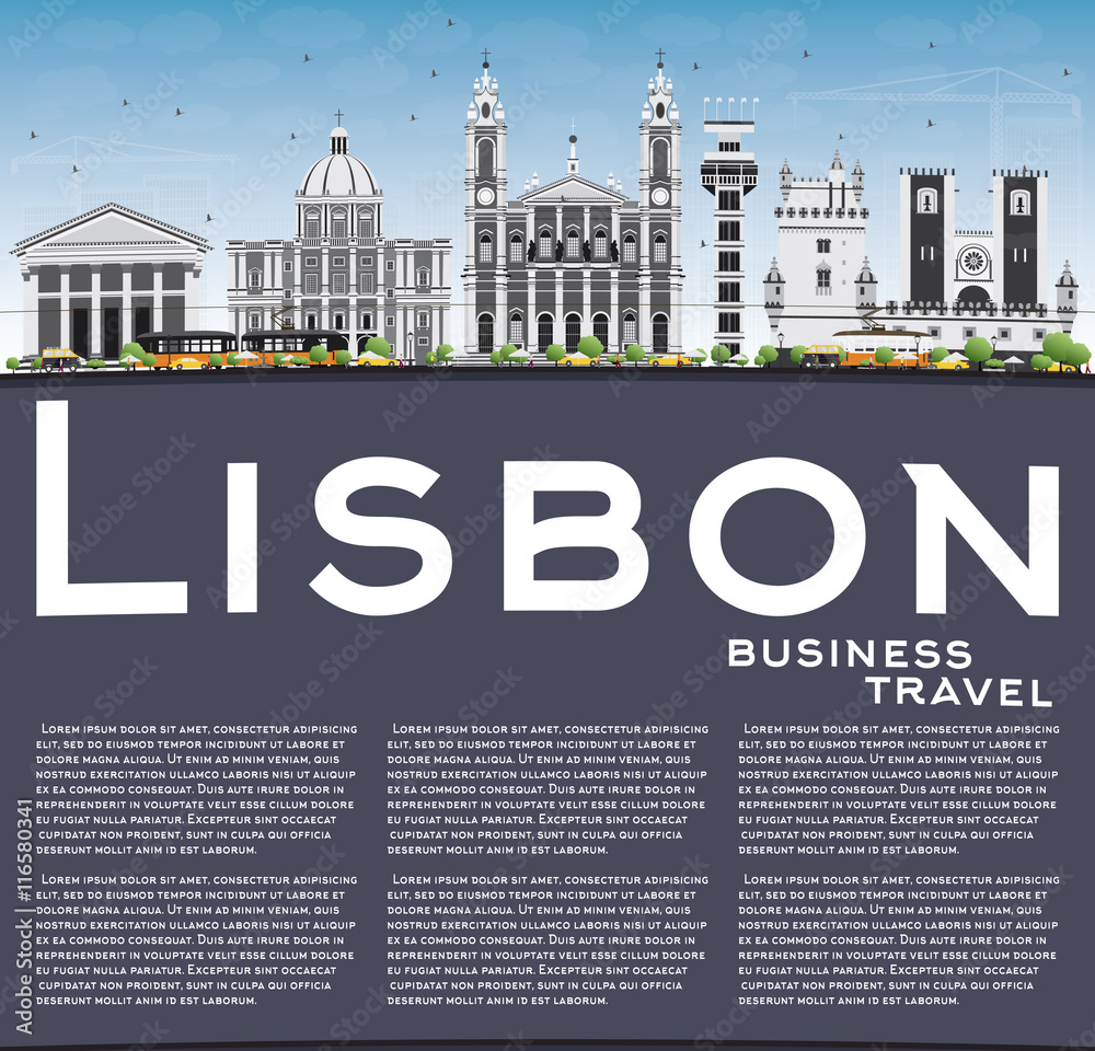 Lisbon Skyline with Gray Buildings, Blue Sky and Copy Space.