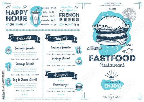 Restaurant fast food cafe menu template flyer vintage design vector illustration