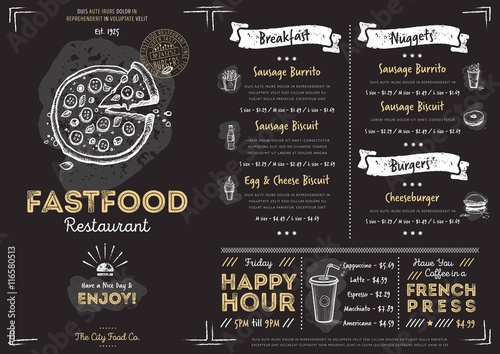 Restaurant fast food cafe menu template flyer vintage design vector illustration