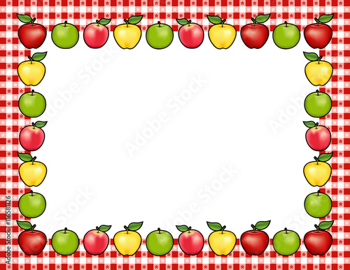 Apple Frame, red and golden Delicious, green Granny Smith and Pink apple fruits, white center with copy space, gingham check border in red tablecloth pattern.