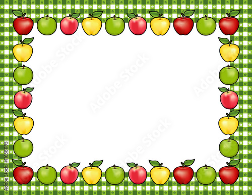 Apple Frame, red and golden Delicious, green Granny Smith and Pink apple fruits, white center with copy space, gingham check border in green tablecloth pattern.