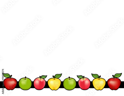 Apple place mat with red and golden Delicious, green Granny Smith and Pink apple fruits, white background. 