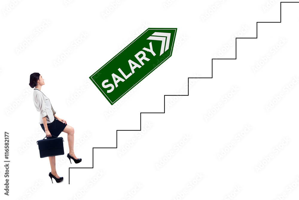 Entrepreneur with salary text walking on stair Entrepreneur with salary text walking on stair