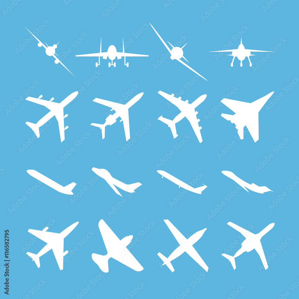 Different airplanes vector icons. Set of white airplane silhouettes on blue background. Air plane transport vector illustration
