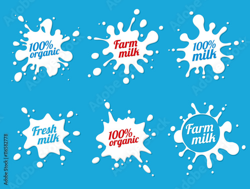 Milk emblems and dairy labels with splashes and blots. Vector milk stains and drops of cream