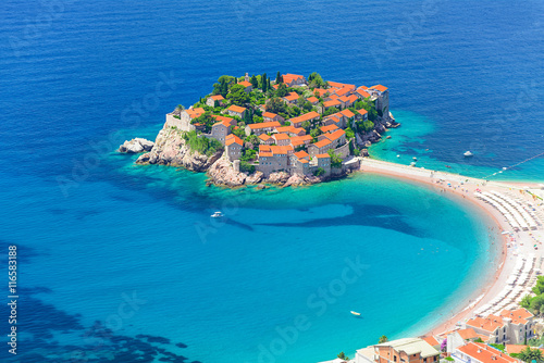 Sveti Stefan airview, islet and hotel resort in Montenegro, southeast of Budva. Balkans, Adriatic sea, Europe. Travel destinations background.