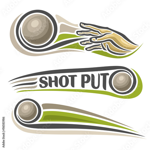 Vector logo for athletics shot put, consisting of arm, hand throw sphere flying on trajectory, 3 sports metal throwing balls. Track and field equipment for summer games. Flying Shot Put