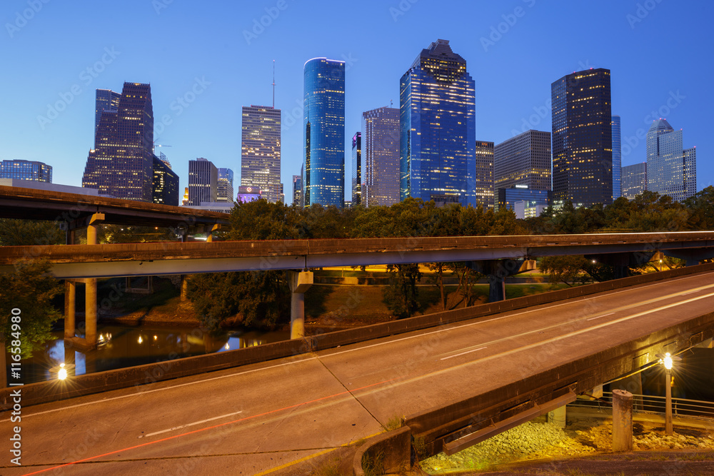 View of Downtown Houston city, Texas in a beautiful day at night