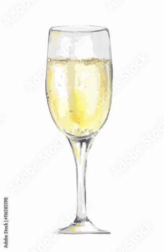 Isolated watercolor champagne glass on white background. Celebration or holiday drinking. Symbol of new year.