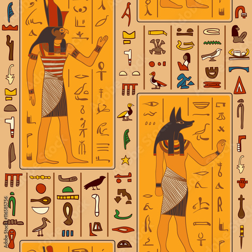 Seamless pattern with egyptian gods and ancient egyptian hieroglyphs. Retro hand drawn vector illustration