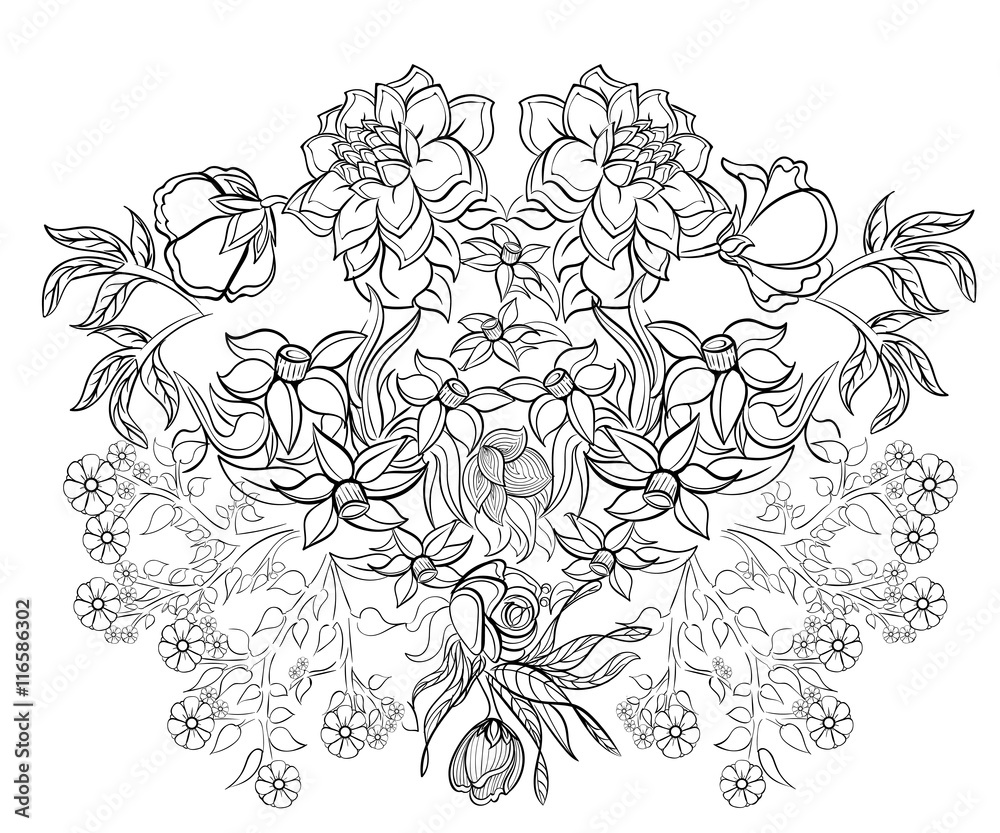 Fototapeta premium Hand drawn ink pattern. Coloring book for adult