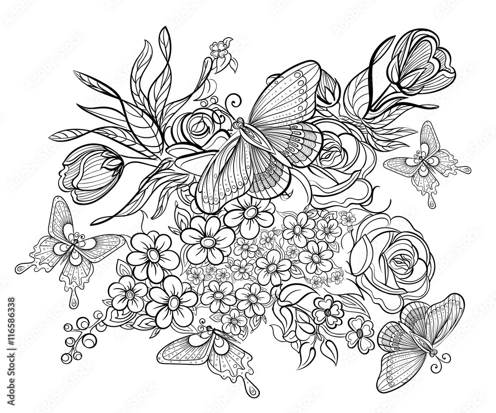 Naklejka Hand drawn ink pattern. Coloring book for adult
