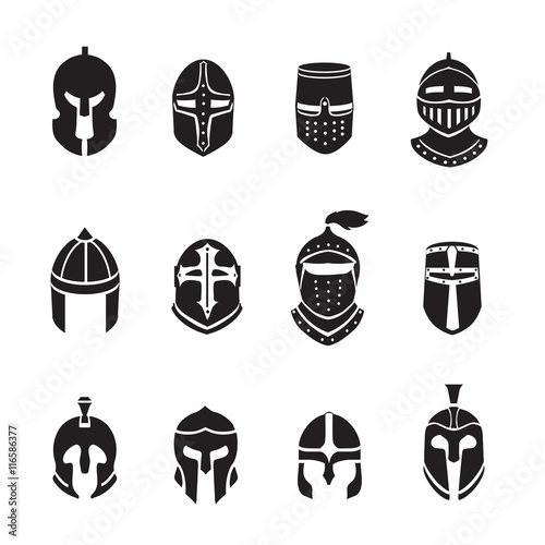 Warrior helmets black icons or logos set. Knight armor, vector illustration