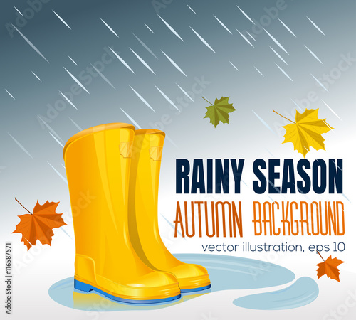 Yellow rubber boots in a puddle. Rainy season. Vector autumn background