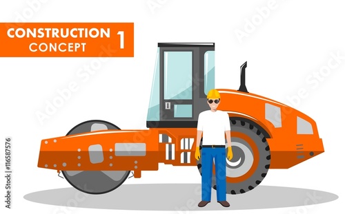 Worker concept. Detailed illustration of workman and compactor in flat style on white background. Heavy construction machine. Vector illustration.