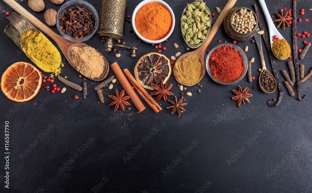 Composition of spices on a black background