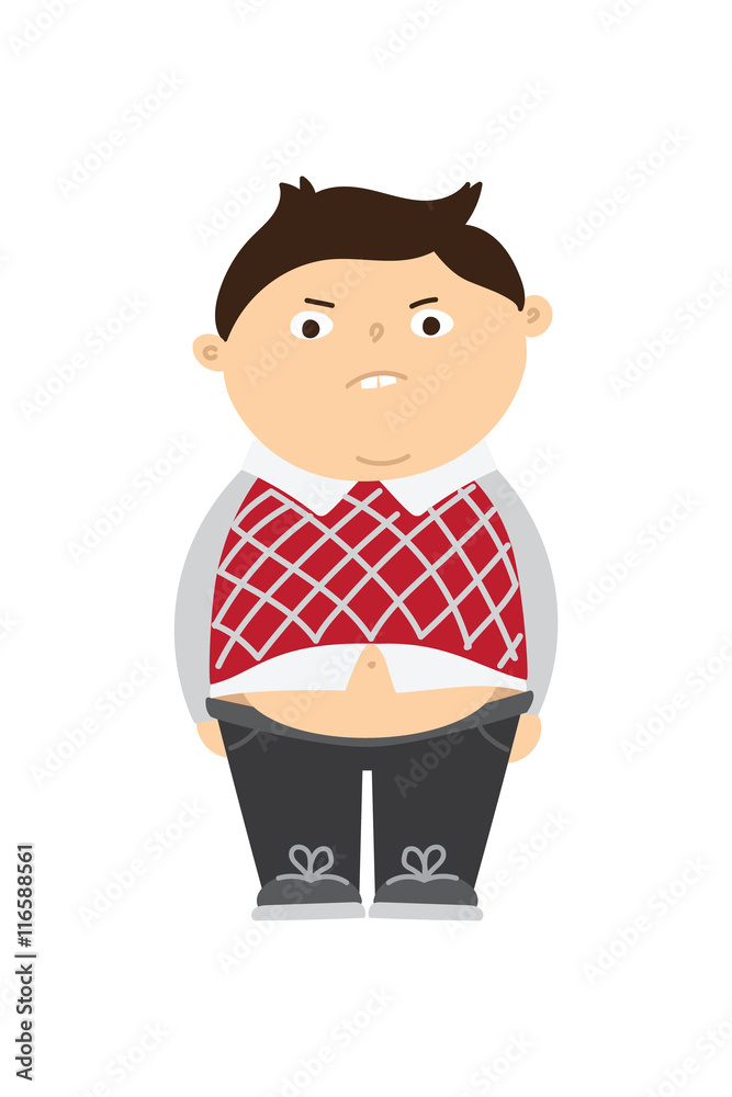 Chubby kid with obesity. Isolated cartoon fat character. Childhood obesity.  Boy with overweight and belly. Angry kid. Stock Vector | Adobe Stock