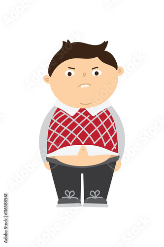 Chubby kid with obesity. Isolated cartoon fat character. Childhood obesity. Boy with overweight and belly. Angry kid.