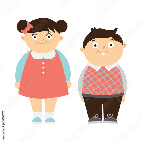 Funny chubby children on white background. Cute boy and girl smiling. Kids with bellies.