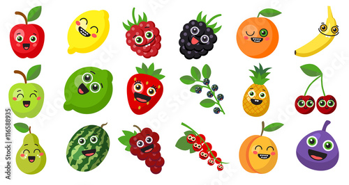 Happy smiling fruits on white background. Cute fresh stickers or decoration for menu, book and more.