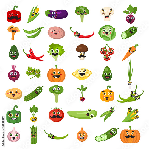 Smiling vegetables set on white background. Cute fresh stickers or decoration for menu, book and more. Healthy lifestyle.