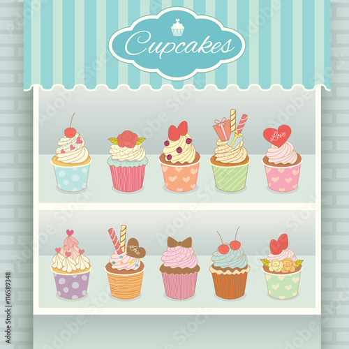 Illustration vector various cupcakes menu display on shelf in showcase of cyan cafe shop.