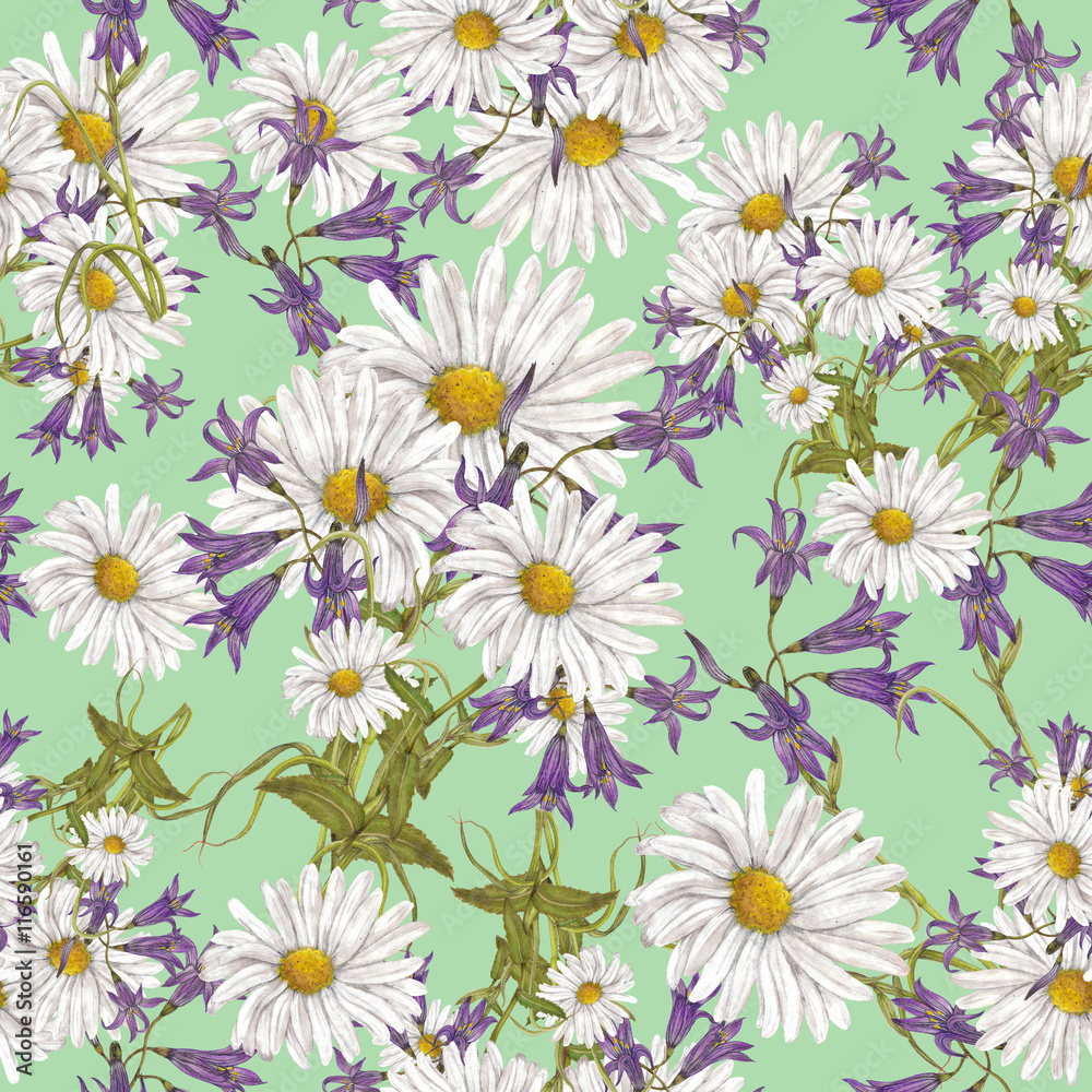 Seamless pattern of watercolor summer flowers