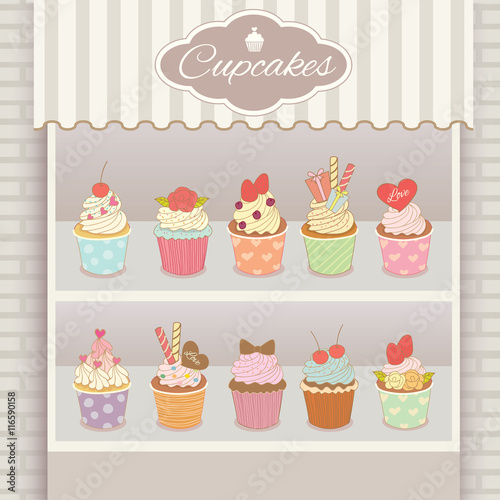 Illustration vector various cupcakes menu display on shelf in showcase of white cafe shop.