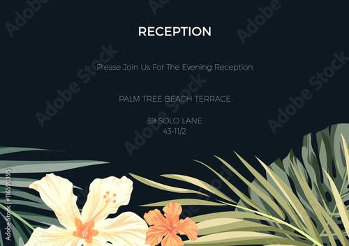 Wedding invitation or card design with exotic tropical flowers and leaves