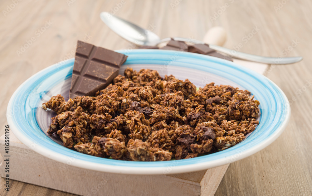 dish with cereals and chocolate chips dish with cereals and chocolate chips