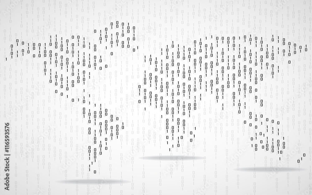 Abstract world map of binary computer code, technology background