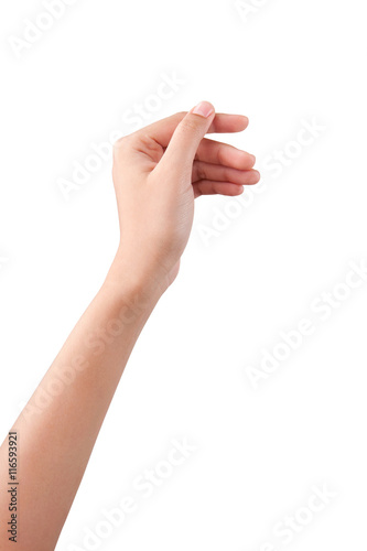 Woman beautiful hand holding some like a blank card isolated on