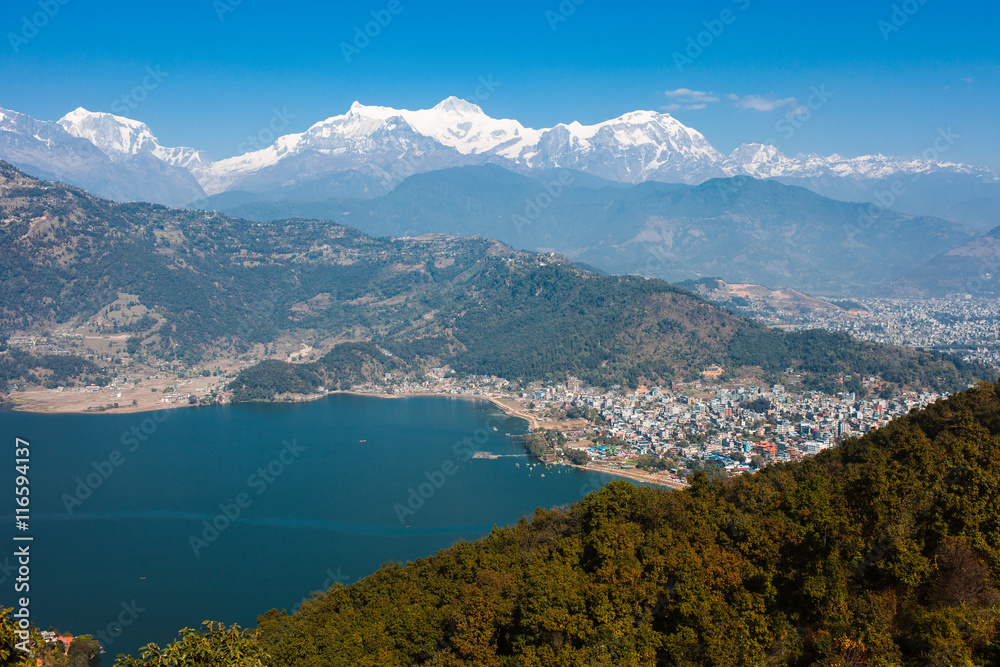 Fototapeta premium View of Phewa lake and Annapurna mountain range