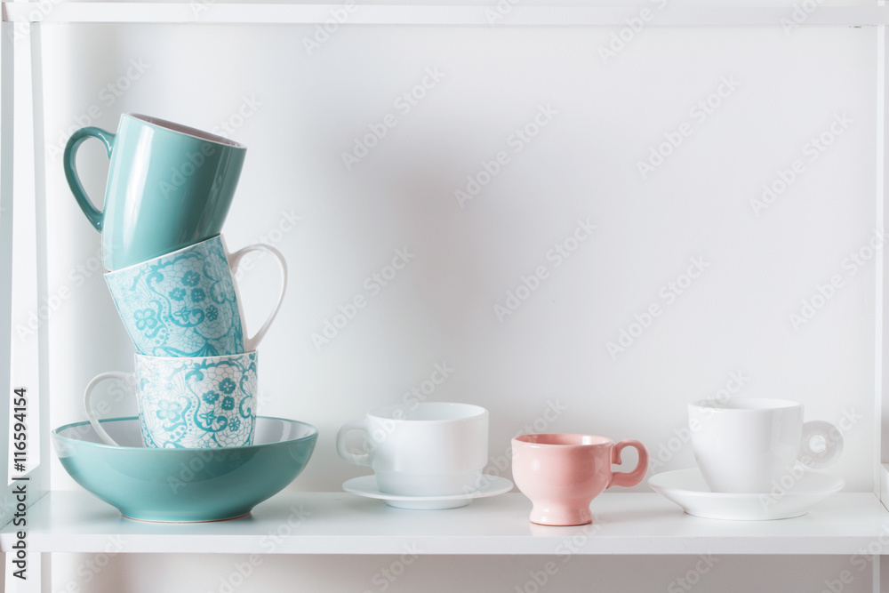 Clean dishes on wooden shelf Clean dishes on wooden shelf
