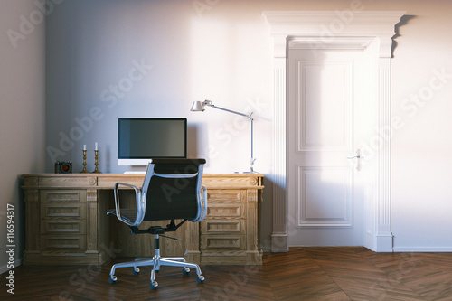 Classic elegant office cabinet with closed wooden door. 