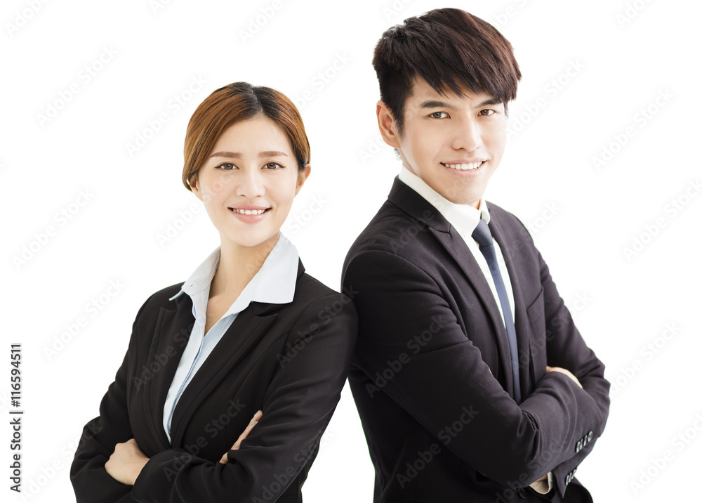 smiling businesswoman and businessman with crossed arms smiling businesswoman and businessman with crossed arms