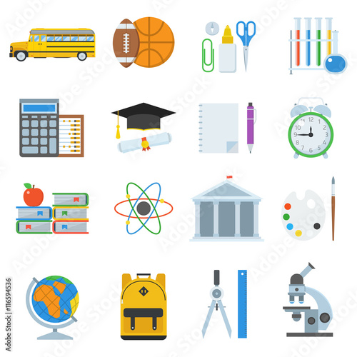 School and college icon set. Basic education elements and objects vector collection. Schoolbag, bus, college building, chalkboard, stationery items. Primary school year equipment and appliances. 