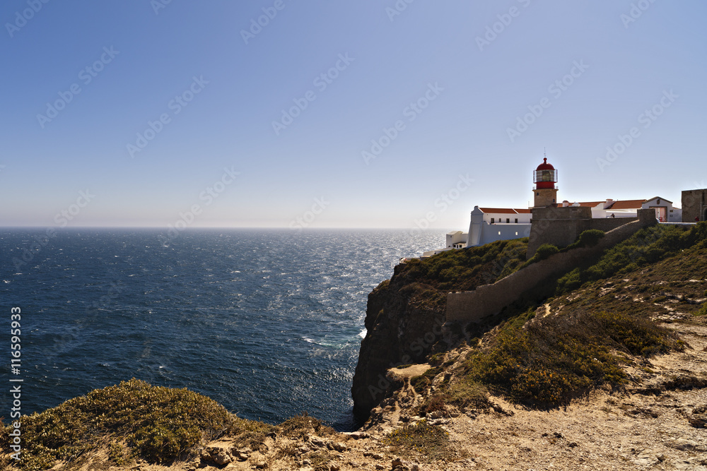 lighthouse on top of cliff at Cabo Sao Vicente, Algarve region,